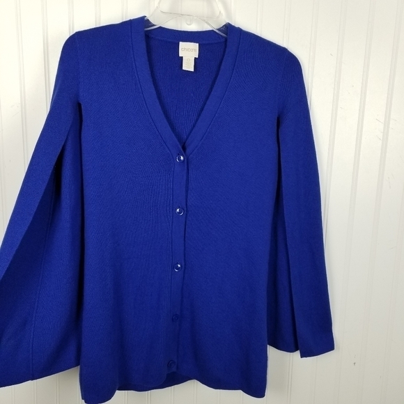 Chico's Cardigan Cape Sweater Vneck Button Sleeveless Blue Size 0 Small/Medium - Picture 2 of 11